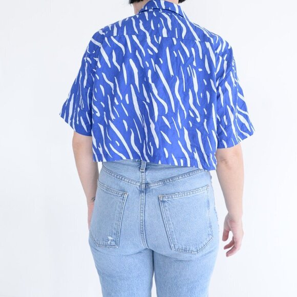 Double Rainbouu Blue And White Stripe 100% Cotton Crop Top Button Up Shirt L - Picture 3 of 10
